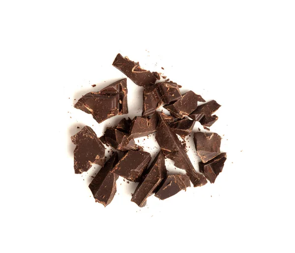 Nastrouhaná Čokoláda Izolované Rozdrcené Kousky Čokolády Drobky Hromada Roztroušené Vločky — Stock fotografie