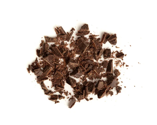 Geriebene Schokolade Isoliert Zerkleinerte Schokoladenspäne Krümelhaufen Verstreute Flocken Kakaostreusel Für — Stockfoto