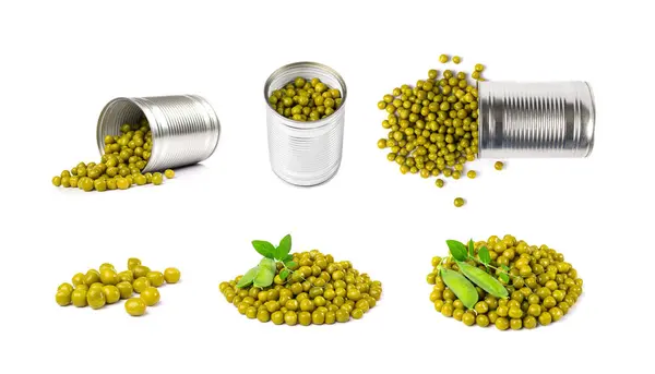 Canned Green Peas Can Tin Isolated Sweet Pea Pile Cooked —  Fotos de Stock
