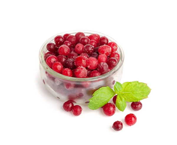 Frozen Lingonberry Isolated Scattered Iced Cowberry Snow Cranberry Glass Bowl — Stock Photo, Image
