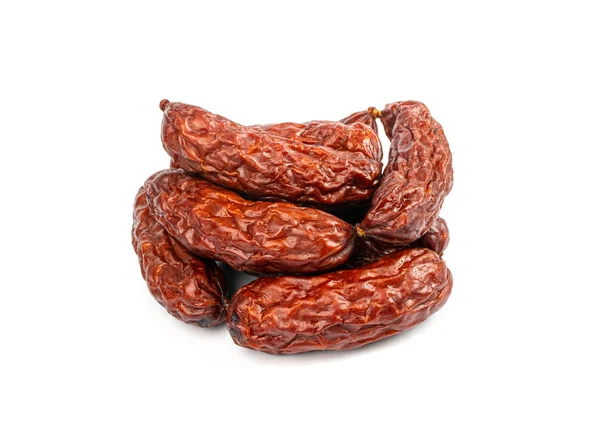 Dry Smoked Sausages Isolated Salami Sticks Kielbasa Cabanossi Kabanos Dry — Stock Photo, Image