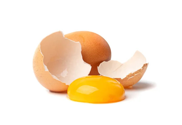 Broken Egg Isolated Raw Yolk White Cracked Brown Shell Fresh — Stock Photo, Image