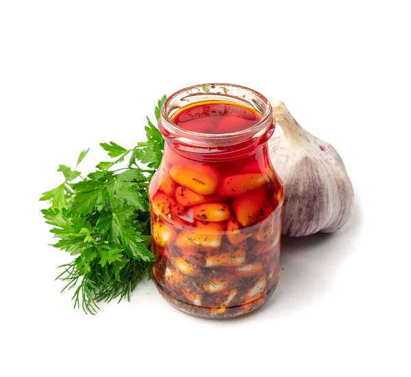 Pickled Garlic in Jar Isolated, Fermented Garlic Cloves with Red Chili Pepper, Hot Pickle Vegetable, Spices Garlic Cloves in Oil and Vinegar on White Background