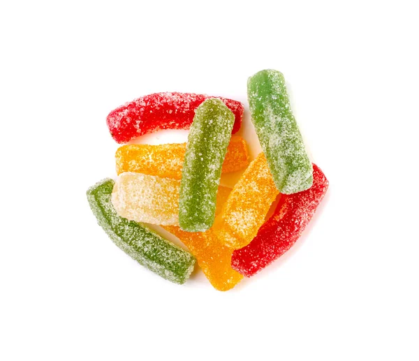 Rainbow Gummy Candy Pile Isolated, Sour Jelly Candies Strips in Sugar Sprinkle, Chewing Colorful Striped Marmalade, Gelatin Candies Set on White Background