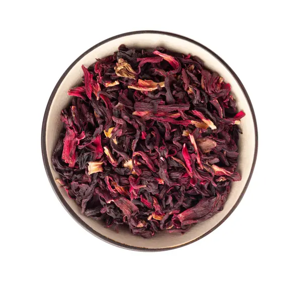 Dry Hibiscus Tea Isolated Dry Rose Petals Pile Bowl Fruit — Stock Photo, Image
