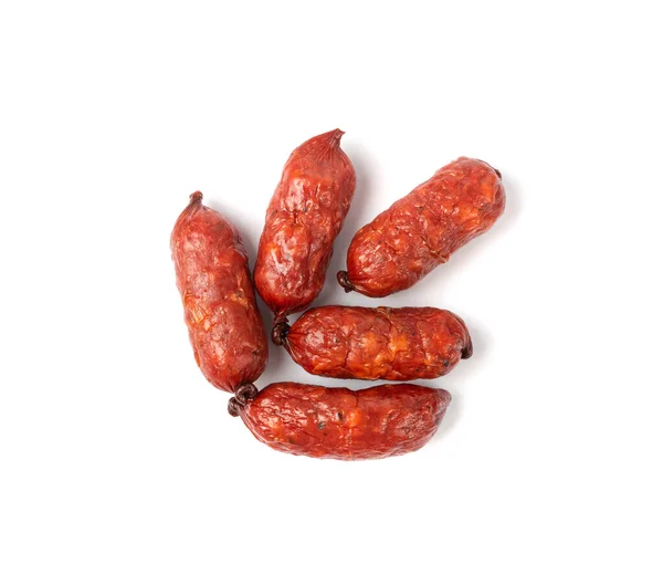 Mini Sausages Isolated Dry Smoked Salami Sticks Small Kielbasa Cabanossi — стокове фото