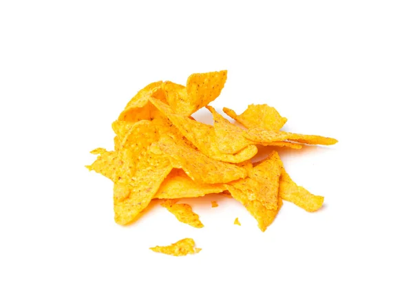 Nachos Chips Pieces Geïsoleerd Nacho Snack Crumbs Gebroken Mexicaanse Driehoek — Stockfoto