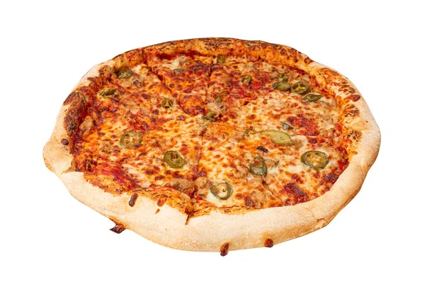 Pizza Pepperoni Con Pimientos Jalapeños Ensalados Caja Entrega Cartón Pizza — Foto de Stock