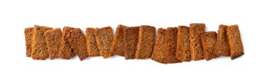 Çavdar Ekmek Kırıntıları İzole Edilmiş, Ev Yapımı Kahverengi Ekmek Çubukları, Çıtır Ekmek Küpeleri Dağılmış Yığınlar, Kuru Çavdar Ekmeği Kırıntıları, Beyaz Arkaplanda Kahverengi Kızarmış Tuzlu Krakerler