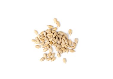 Peeled Sunflower Seeds Isolated, Raw Sunflower Kernels Group, Sun Flower Grains, Peeled Sunflower Seeds on White Background Top View