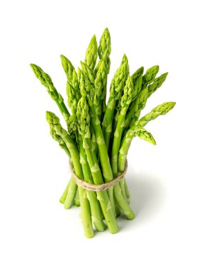 Demet izole gölge ile ham Bahçe kuşkonmaz. Beyaz arka plan üzerinde taze yeşil bahar sebzeler. Kuşkonmaz Officinalis üst görünümünün yenilebilir lahanası