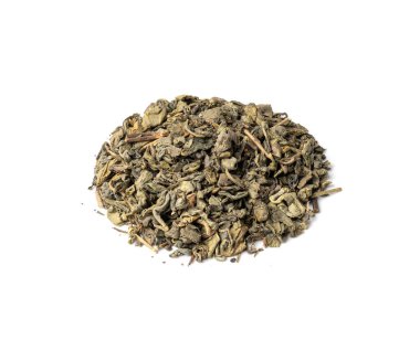 Yeşil Çay Yaprakları Karmaşık, Kuru Taze Bitki Çay Yığını, Sağlıklı İçecekler, Yeşil Çay Yaprakları Beyaz Arkaplanda Üst Görünümde