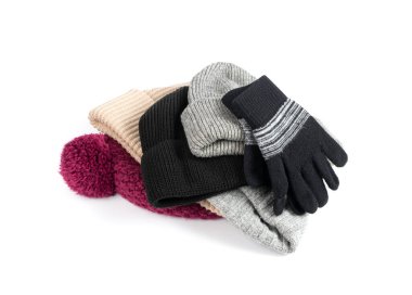 Winter Hats Isolated, Knitted Winter Clothes, Woolen Hat Pile, Sports Cap, Knit Beanie on White Background