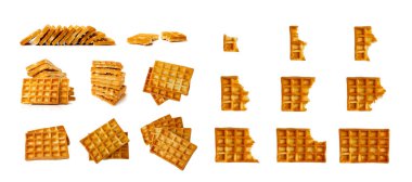 Belgian Waffle Isolated, Square Waffled Cookie, Soft Golden Belgium Waffles, Wafer Biscuit Breakfast on White Background Top View