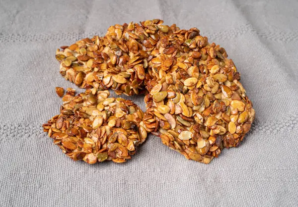 Pumpkin Seeds Cookies Gray Natural Linen Napkin Pepita Grains Biscuit — Stock Photo, Image