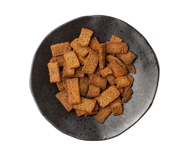 Rye Croutons Black Plate Isolated Homemade Brown Bread Rusks Crispy — Stock Photo, Image