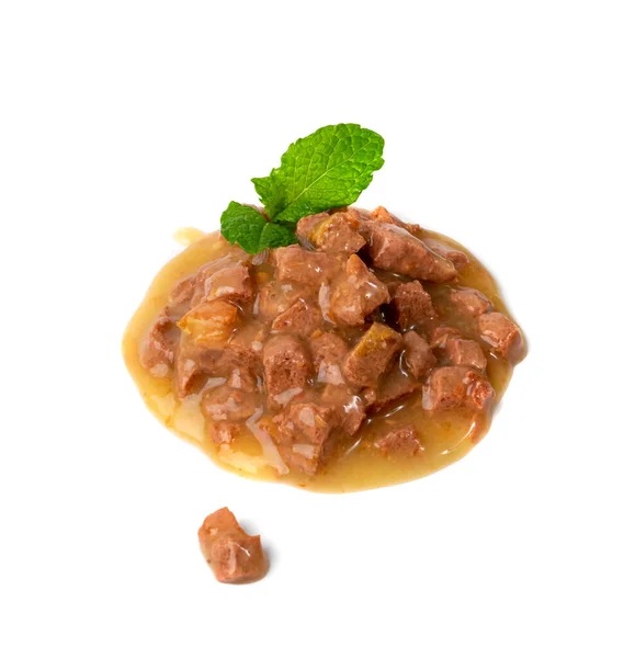 Wet Pet Food Isolated, Cat Diet, Puppy Food Brown Pieces Pile, Dog Meal, Pet Dinner on White Background