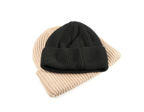 Winter Hat Isolated Knitted Cap Black Beige Winter Hats Sports — Stock Photo, Image