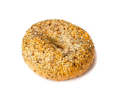 İzole edilmiş Bagel, Bir Yuvarlak Çörek, Tahıllı Buğday Fırını ve Kahvaltı için Tohumlar, Beyaz Arkaplanda Düz Çember Simit Ekmeği