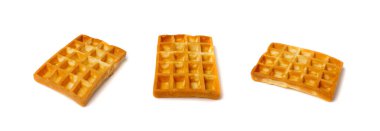 Belgian Waffle Isolated, Square Waffled Cookie, Soft Golden Belgium Waffles, Wafer Biscuit Breakfast on White Background