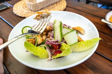 Sezar Salatası Kapanışı, Parmesan peynirli ızgara Tavuk Salatası, Yeşil Salata, Salatalık ve Salatalık, Beyaz Restoran Tabağında Sezar Salatası