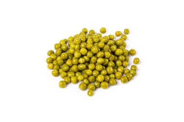 Canned Green Peas Isolated, Sweet Pea Pile, Cooked Legume, Protein Source, Healthy Vegan Food, Green Peas on White Background