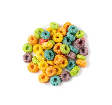 Colorful Breakfast Rings Pile Isolated. Fruit Loops, Fruity Cereal Rings, Colorful Corn Cereals on White Background