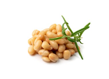 White kidney beans isolated. Cooked cannellini bean pile, baked legume, canned yellow beans, Phaseolus vulgaris, haricot stew, boiled leguminous ingredient on white background