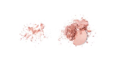 Kırık Göz Gölgesi İzole Edilmiş, Parçalanmış Makyaj Paleti Ezilmiş Doğal Parlak Renk Dokuları, Beyaz Arkaplanda Bej Pembe Kırıntılar Kozmetik Makyaj Kırıntıları