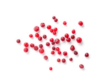 Donmuş Lingonberry İzole edilmiş, Dağılmış Buzlu Cowberry, Kar Yabanmersini, Kırmızı Viburum Böğürtlenleri, Donmuş Lingonberry Beyaz Arkaplan Üst Görünümünde