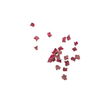 Dry beetroot cubes isolated. Dried diced red beet pile, scattered small beet root pileces, dry beetroot flakes on white background top view