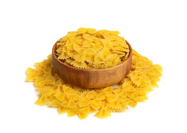 Raw Farfalle Pasta Isolated, Yellow Dry Butterfly Noodles, Wheat Bow Macaroni, Uncooked Farfalle in Wooden Bowl on White Background