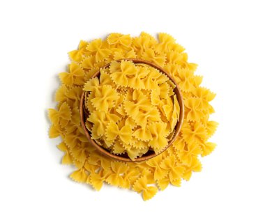 Raw Farfalle Pasta Isolated, Yellow Dry Butterfly Noodles, Wheat Bow Macaroni, Uncooked Farfalle in Wooden Bowl on White Background Top View