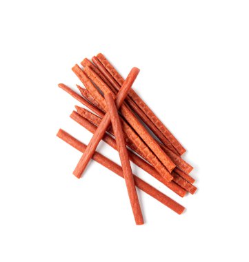 Kurutulmuş kurutulmuş balık eti, kurutulmuş deniz ürünleri, Hake Stockfish, kurutulmuş Pollock 'un küçük parçaları, bira atıştırmalıkları, beyaz arka planda kurutulmuş balık filetosu.