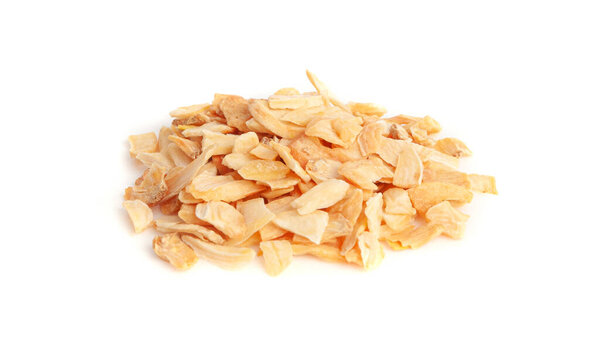 Dry Garlic Slices Isolated, Crispy Fried Cloves Pile Closeup, Roasted Grilled Garlic Flakes, Clove Chip Group on White Background