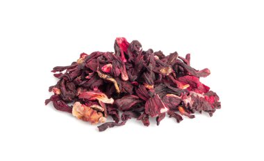 Kuru Hibiscus Çayı, Kuru Gül Yaprakları Yığını, Meyve Kırmızısı Çayı, Karkade Yaprakları, Kurutulmuş Bitki İçeceği, Roselle Petal, Yenilebilir Çiçek Yaprağı Çayı Beyaz Arkaplanda