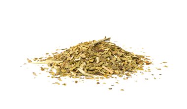 Matcha ve Yeşil Çay Yaprakları Karmaşık, Kuru Taze Bitki Çay Yığını, Sağlıklı İçecekler, Matcha ve Yeşil Çay Yaprakları Beyaz Arkaplanda Üst Görünümde