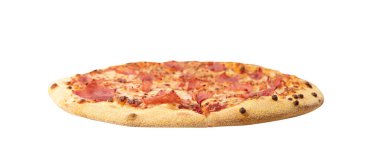 İtalyan pizzası izole edilmiş, Mozzarella peynirli jambonlu pizza, geleneksel İtalyan Düz Ekmeği Beyaz Arkaplanda Kesilmiş, Kırpma Yolu