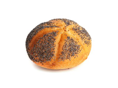 Haşhaş tohumlu ekmek izole edildi, Kaiser Roll, tohumlu kahvaltı çöreği, haşhaş tohumu yuvarlak simit, haşhaşlı çörekler beyaz arka planda