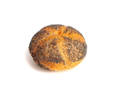 Haşhaş tohumlu ekmek izole edildi, Kaiser Roll, tohumlu kahvaltı çöreği, haşhaş tohumu yuvarlak simit, haşhaşlı çörekler beyaz arka planda