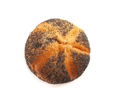 Haşhaş tohumlu ekmek izole edildi, Kaiser Roll, Seeds Breakfast Bun, Poppyseed Round Bagel, Poppy Seed Bun on White Background Top View