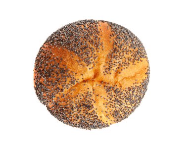 Haşhaş tohumlu ekmek izole edildi, Kaiser Roll, Seeds Breakfast Bun, Poppyseed Round Bagel, Poppy Seed Bun on White Background Top View
