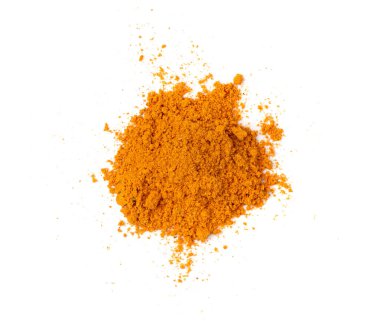 Orange Seasoning Powder, Red Curcuma Pile, Orange Masala, Indian Spices with Sodium Glutamate ve Dry Segetables, Turmeric, Paprika Seasoning on White Background