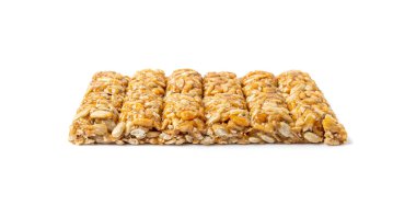 Ayçiçeği tohumu yalıtılmış, ballı enerji atıştırmalığı, güneş tohumu müsli tatlısı, protein karamelli bar, fındık ezmeli kahvaltı, beyaz arka plan