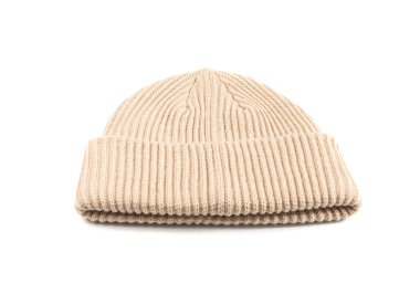 Winter Hat Isolated, Knitted Cap, Beige Winter Hat, Sports Cap, Knit Beanie on White Background Flat Lay