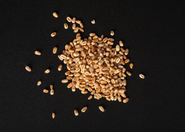 Buğday Taneleri, Arpa Yığını, Ekmek İçin Kuru Gevrek Tohumları, Spelta Sağlıklı Organik Gıda, Buğday Taneleri Kara Arkaplan Üst Görünümü