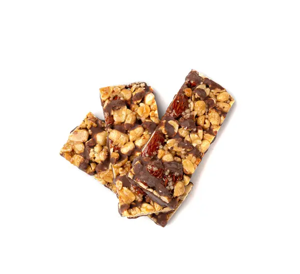 Nut Bar Isolated, Energy Snack with Nuts, Chocolate Muesli Dessert, Protein Candy Bar, Fitness Fruit and Nut Energy Breakfast on White Background