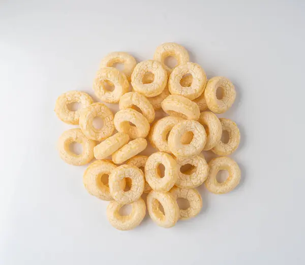 Cereal Rings Isolated, Breakfast Rice Loops, Corn Cereals Snack on White Background