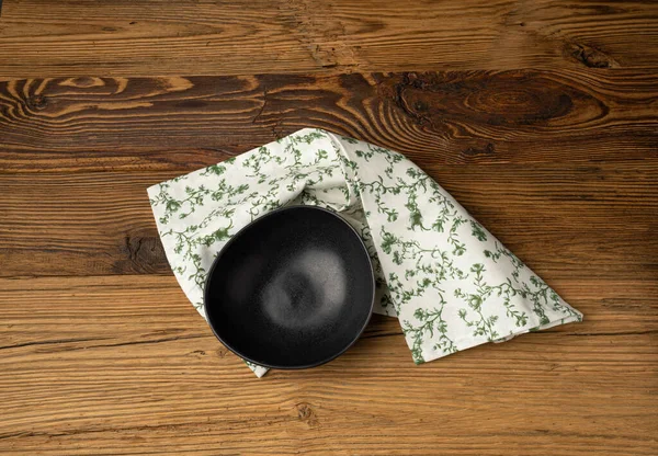 Empty Bowl Mockup, Black Plate on Wooden Table Top View with Copy Space for Text, Rustical Kitchen Mock Up, Empty Bowl with Cloth Napkin Fabric
