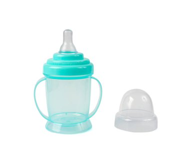 Bebek Kupası izole edildi, Emzik ile Mavi Bebek Şişe, Küçük Çocuklar Ekipmanı, Plastik Çocuklar İçme Kupası, Beyaz Arkaplanlı Bebek Besleme Şişesi